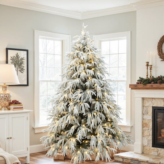 6.5Ft Pre-Lit Mixed Snowy Branches Artificial Christmas Tree with Metal Stand