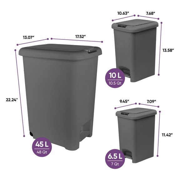 6.5L, 10L and 48L Slim Step & Push Trash Cans - 3 Pack