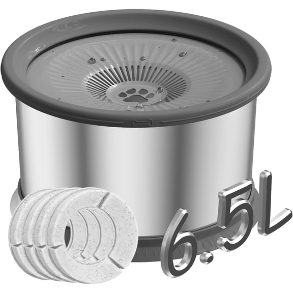 6.5L Dog Water Bowl No Spill with 4 Pcs Filters 1.6 Gallon Stainless Steel Water Bowl for Dogs 220oz Large Capacity No Splash Slow Drinking Feeder with Anti-Slip Mat for Messy Drinkers