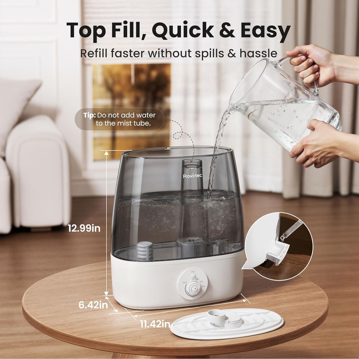 6.5L Stay Clean Humidifier for Large Room, Top Fill Design, Ultra Quiet 65H Runtime, Cool Mist Ultrasonic for Bedroom Home Plants