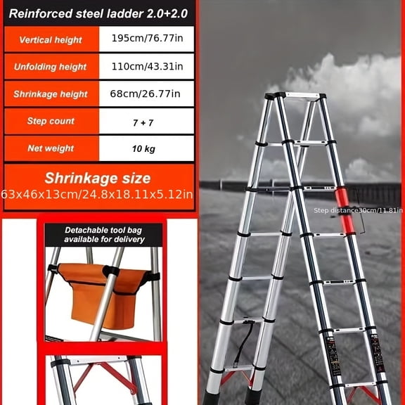 6.5ft 7-Step Telescoping A-Frame Ladder, Walkable Folding Ladder, Multi-Purpose Portable Household & Outdoor Ladder, Anti-Shake Anti-Slip, 330Lbs Load Per Step
