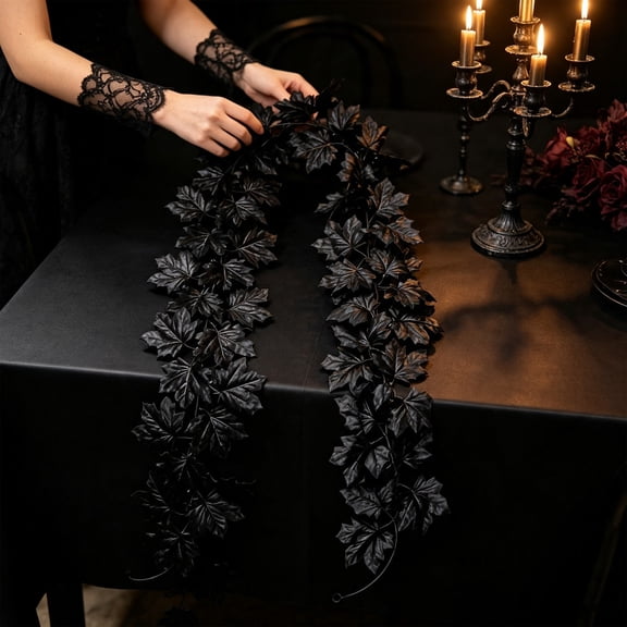 6.5ft Black Maple Leaf Garland, Artificial Gothic Foliage Vine for Halloween Mantel Door, Spooky Wall Stair Table Decor for Haunted Party