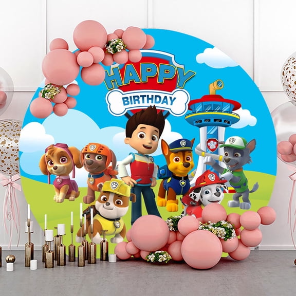 6.5ft Blue Sky White Clouds Dog Little Boy Round Birthday Backdrop for Kids