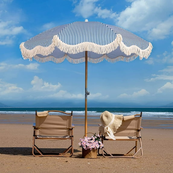 6.5ft Boho Beach Umbrella with Fringe, UPF 50+ Tassel Umbrellas with Carry Bag, Premium Wood Pole Foldable Patio Umbrella for Outdoor Holiday Garden Lawn Pool Yard Table