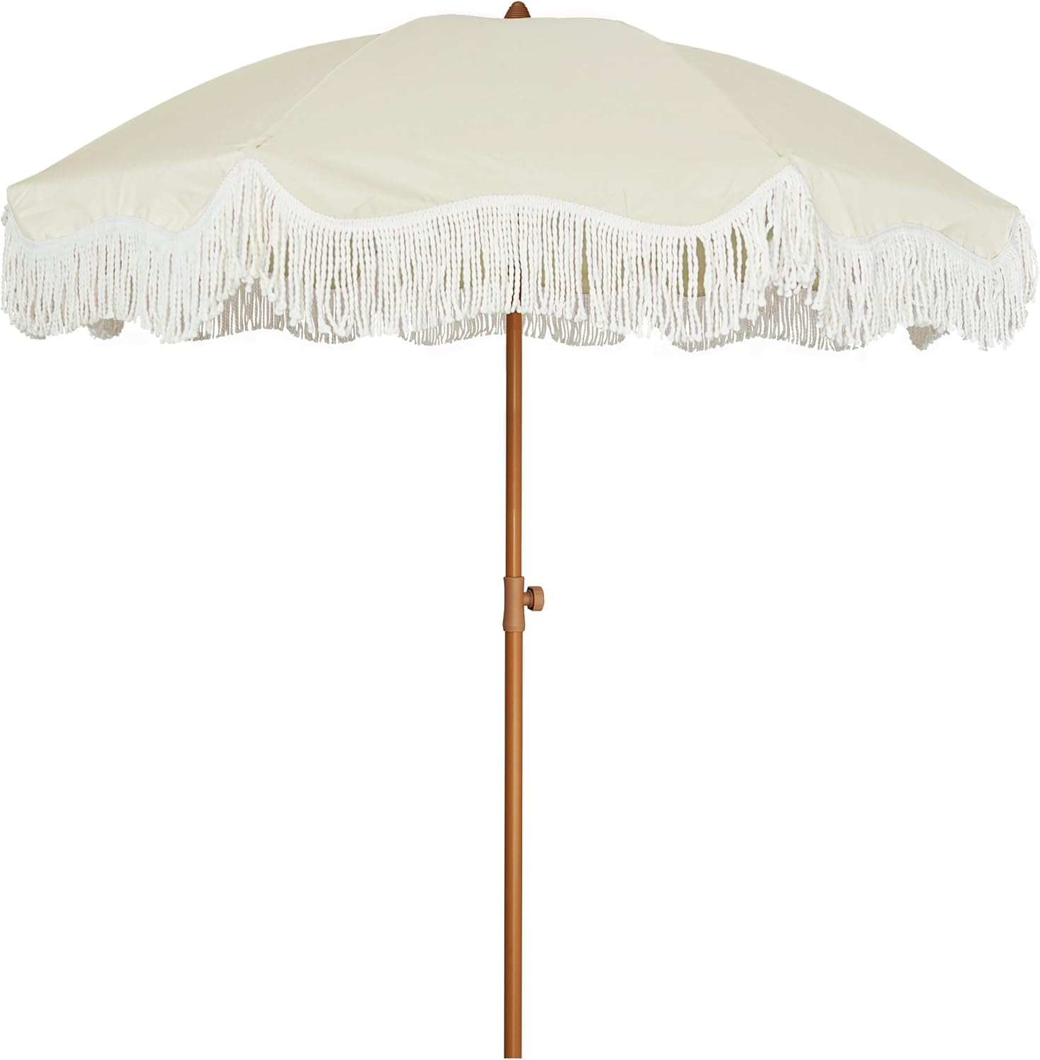 6.5ft Boho Outdoor Umbrella with Fringe, UPF 50+ Picnic Umbrella with Tassels, Premium Steel Pole and Push Button Tilt, Light Beige