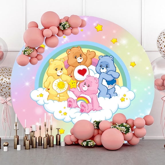 6.5ft Cartoon Bear Rainbow Stars White Clouds Round Backdrop for Kids