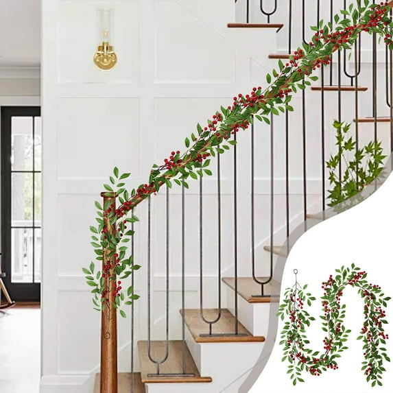 6.5ft Christmas Red Berry Garland Silk Flower Rattan Vine with 36 Berries & 36 Leaves for Holiday Decor, Fireplace, Staircase, Table, Door