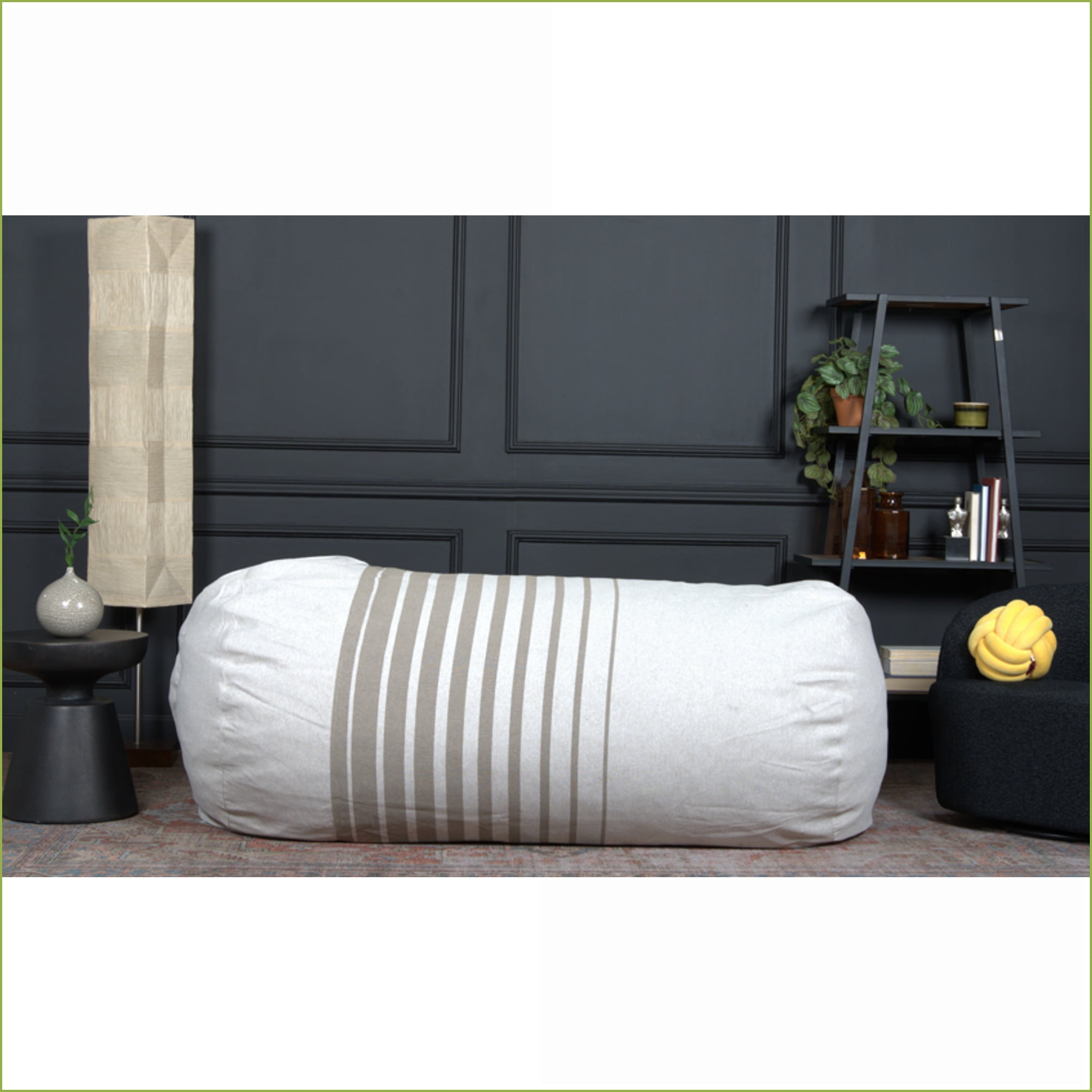 6.5ft Cylindrical Bean Bag Chair for Adults – Natural with Light Brown Stripes | Elongated | Fabric