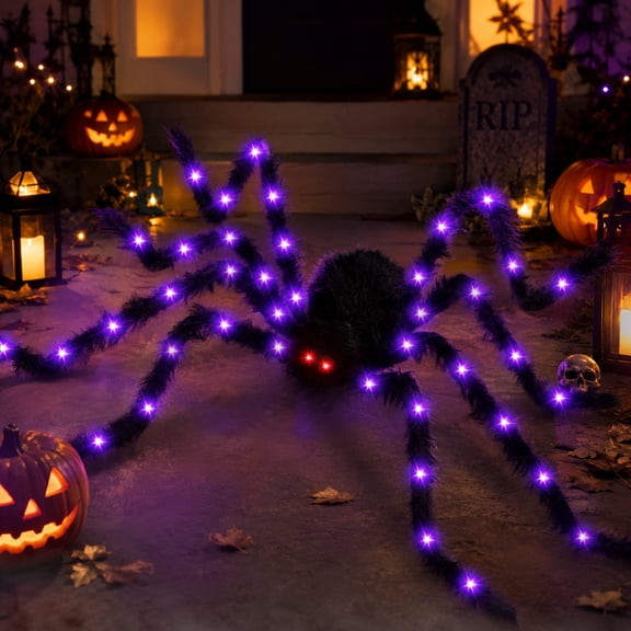 6.5ft Giant Light-Up Halloween Spider Decoration, 38 LED Hairy Spider with Red Eyes, 8 Lighting Modes & Timer, Battery Operated Outdoor/Indoor Decor for Yard, Porch, Haunted House