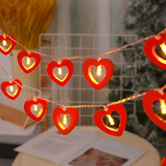 Winter Poetry Upgrade 6.5Ft Led Wooden Heart Shaped String Lights with 20 Warm White Bulbs, Battery Operated Valentine'S Day Decoration for indoor Wall, Mantle, and Party Decor Red