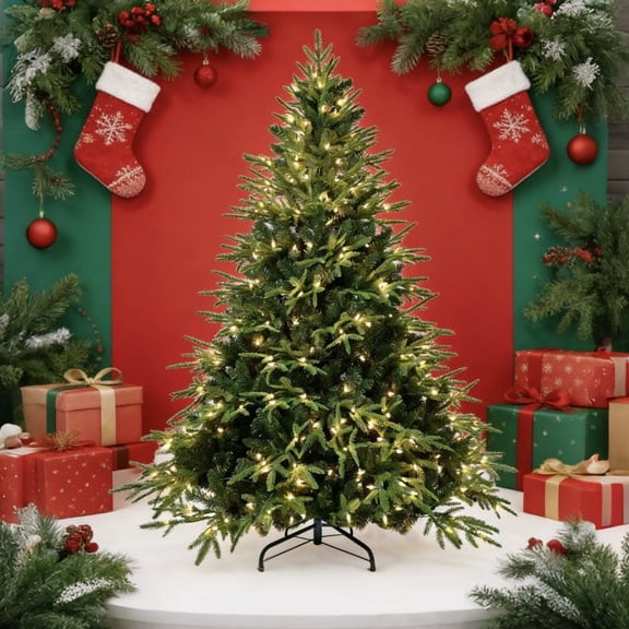 6.5ft PE/PVC Hybrid Automatic Christmas Tree - Steel Wire Support Easy-Open Holiday Decor with warm white light