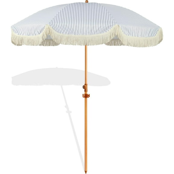 6.5ft Blue White Stripe Patio & Beach Umbrella – Fringed, Hanging Hook, Tilting Aluminum Pole, UV 50+, Fiberglass Ribs