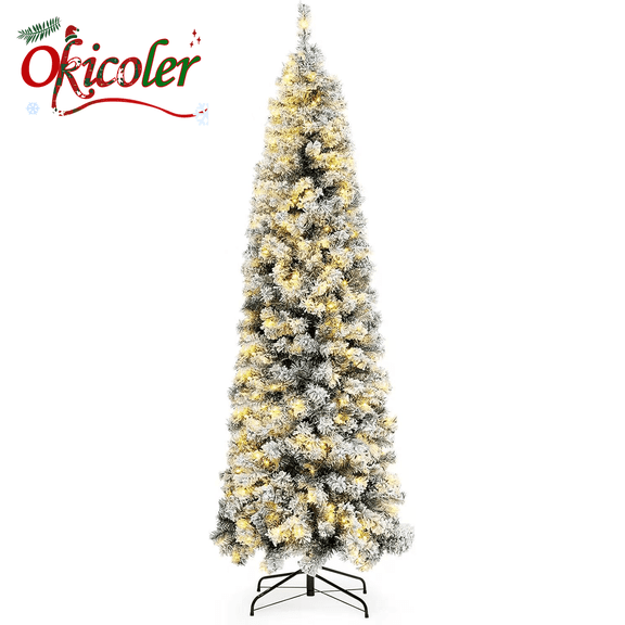 6.5ft Pencil Christmas Tree - Pre-lit Snow Flocked Fir Hinged Slim Corner Xmas Tree Holiday Decoration with 250 Incandescent Warm White Lights & 586 Snow Branch Tips, White