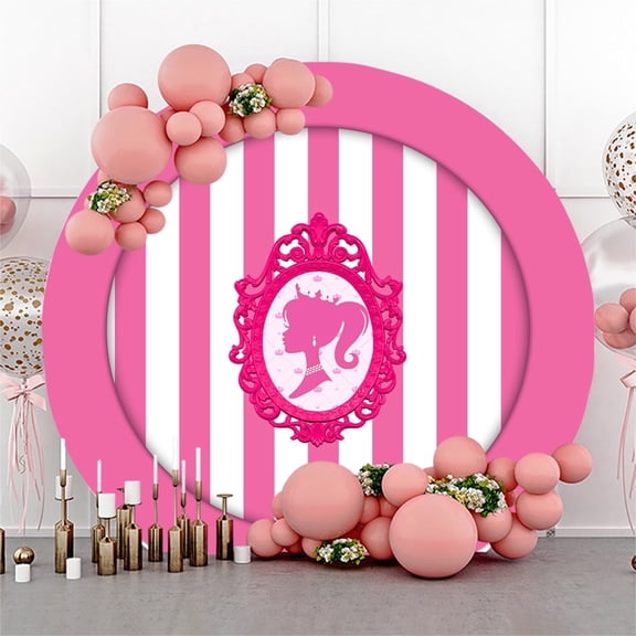 6.5ft Pink Princess Crown and Striped Round Birthday Backdrop for Girls