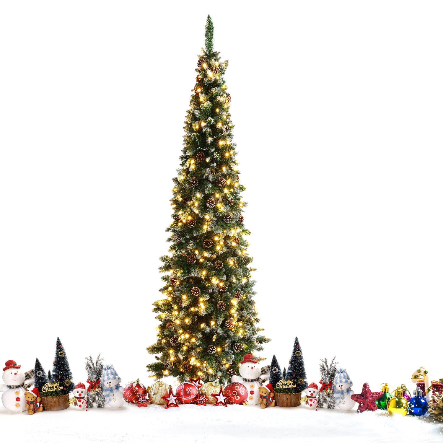 6.5ft PreLit Pencil Christmas Tree, Artificial Snow Flocked Slim Xmas