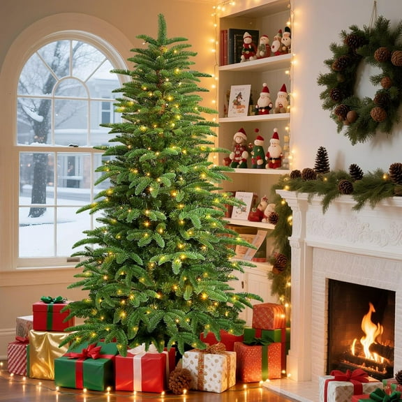 6.5ft Prelit Artificial Hinged Upgraded Layered Christmas Tree with Remote, 380 Pre-Lit Multi-Color RGB Lights and 1045 PE & PVC Branch Tips, Perfect Choice for Xmas Decoration, 6.5 FT