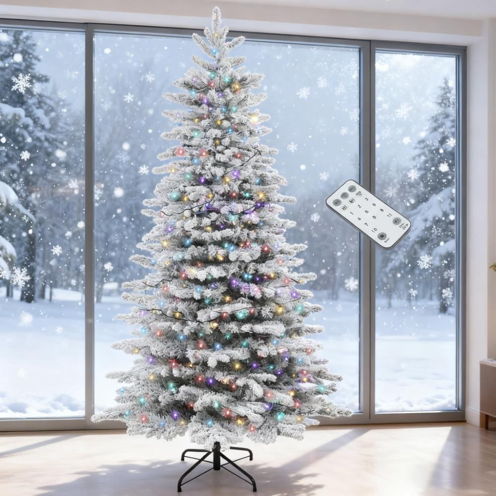 6.5ft Prelit Flocked Christmas Tree 990 Tips 400 Dual Color LED Lights Remote Timer Indoor Decor