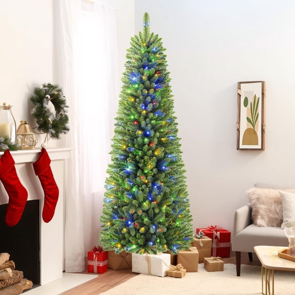 Lolsea 6.5ft Premium Prelit Slim Pencil Artificial Christmas Tree with Remote Control, Timer and Warm White & Multi-Color Lights