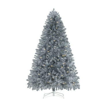 6.5ft Silver Christmas Tree with Lights, Tree Prelit with 978 Branch Tips, 450 Warm Lights and Metal Stand by Homestock