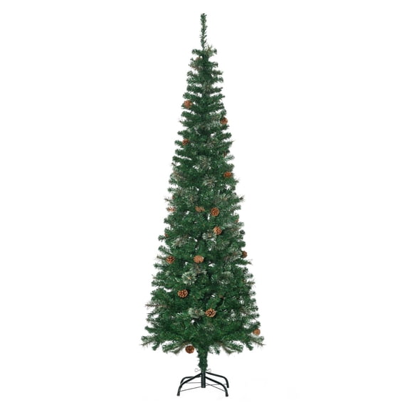 6.5ft Slim Artificial Christmas Tree, Unlit Pencil Xmas Tree with Pine Cones & Metal Base, Realistic Pine Needles, Indoor Holiday Decor