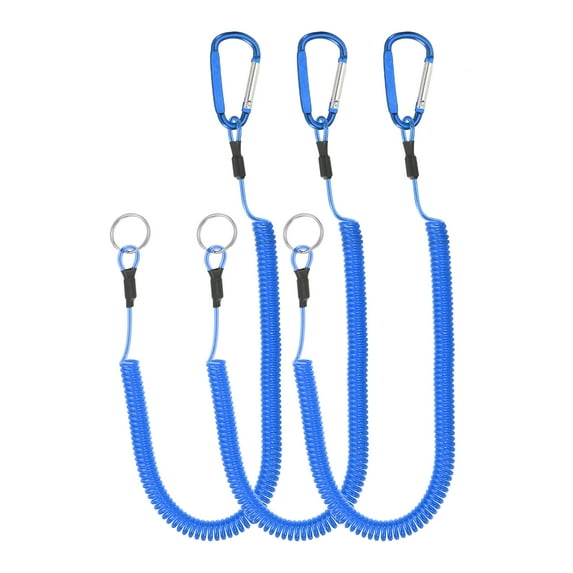 6.5ft Spring Fishing Lanyard Retractable Coiled Tether with Metal Clip & Keyring, Blue 3 Pack