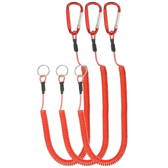 6.5ft Spring Fishing Lanyard Retractable Coiled Tether with Metal Clip & Keyring, Red 3 Pack