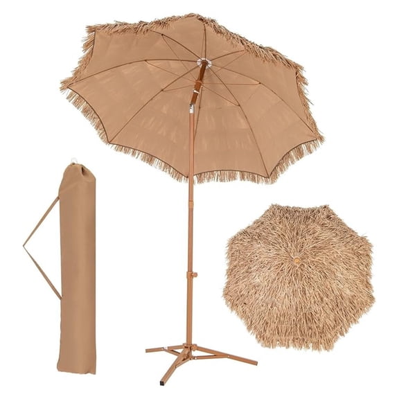 6.5ft Tiki Beach Umbrella - Tilting Palapa Umbrella w/ Carry Bag & Base