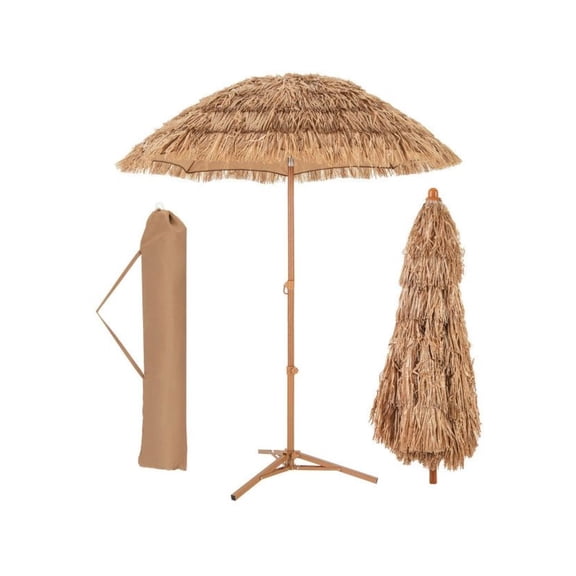6.5ft Tiki Umbrella with Stand, Foldable Patio Beach Umbrella, Push Button Tilt, Outdoor Sun Shade, Hawaiian Style, Portable for Beach, Yard
