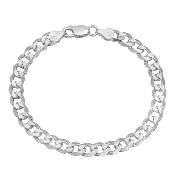 6.5mm Solid .925 Sterling Silver Beveled Curb Chain Bracelet, 7.5 inches