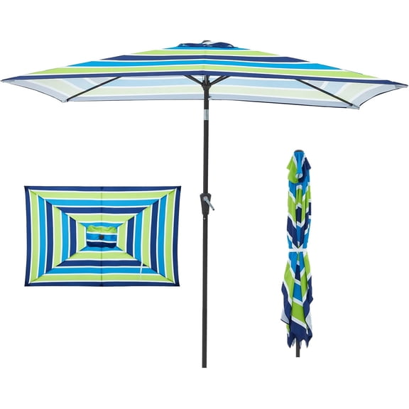 6.5x10 ft Rectangular Patio Umbrellas  Outdoor Umbrella with Push Button Tilt and Crank, Market Table Umbrella 6 Sturdy Ribs UV Protection for Poolside Garden Backyard Deck, Blue-Green Stripe