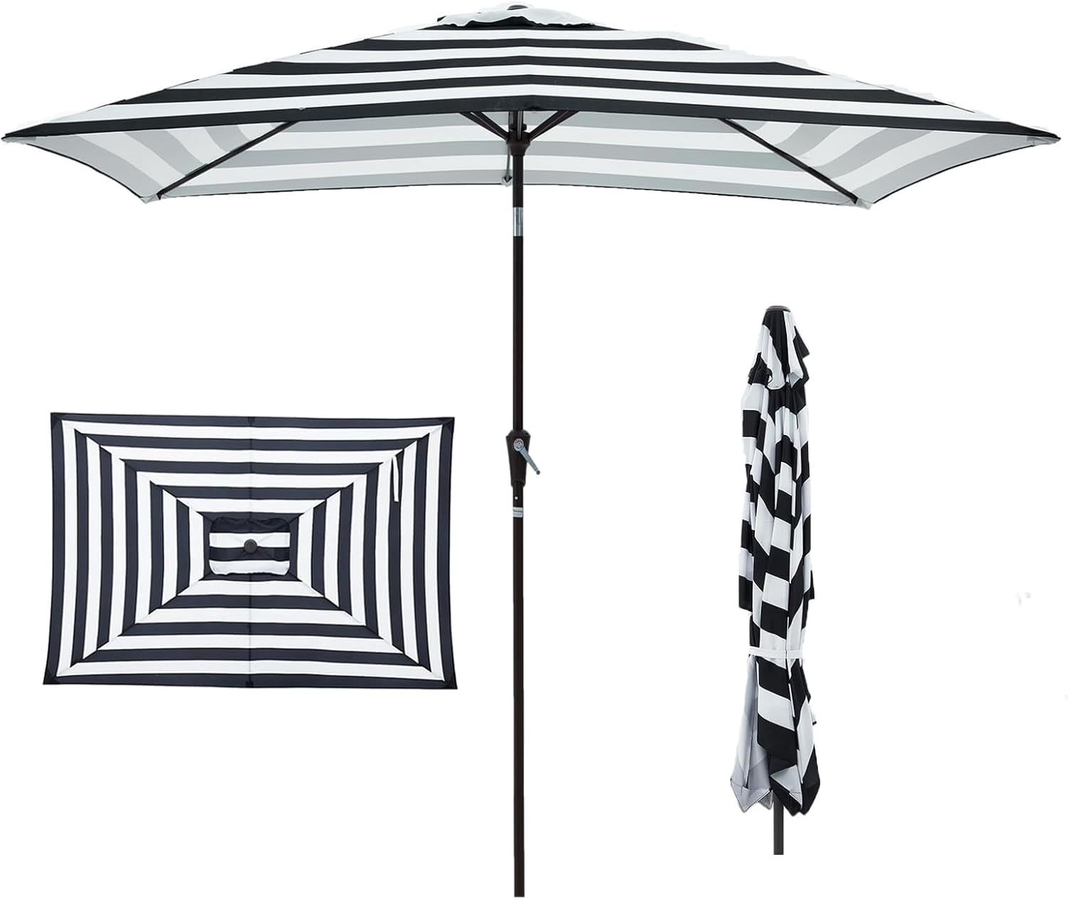 6.5x10 ft Rectangular Patio Umbrellas Outdoor Umbrella with Push Button Tilt and Crank, Market Table Umbrella 6 Sturdy Ribs UV Protection for Poolside Garden Backyard Deck, Black-White Stripe