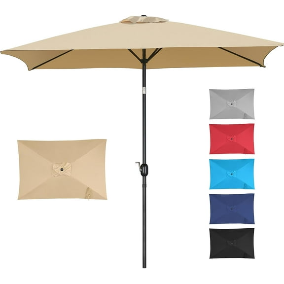 6.5x10FT Rectangular Outdoor Patio Umbrella Large Market w/Push Button Tilt & Crank Lift System 6 Sturdy Ribs for Garden/Lawn/Beach/Pool/Deck/Backyard - Tan