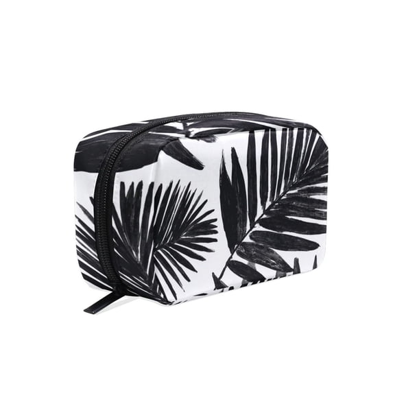 6.5x2.5x4 In Printed Makeup Bag Organizer with 5 Compartments Travel Toiletry Pouch Bag Black Palm Leaf