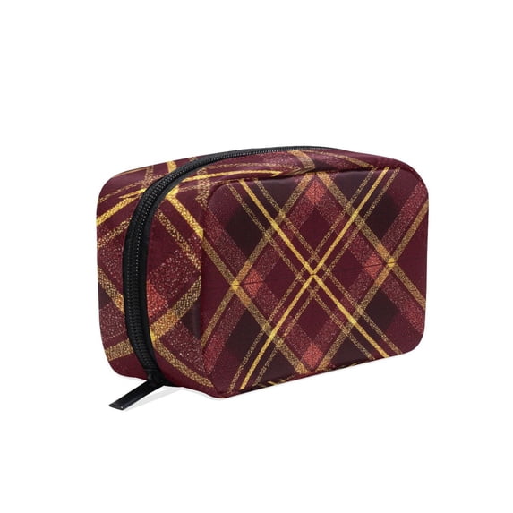 6.5x2.5x4 In Printed Makeup Bag Organizer with 5 Compartments Travel Toiletry Pouch Bag Plaid in Dark Red