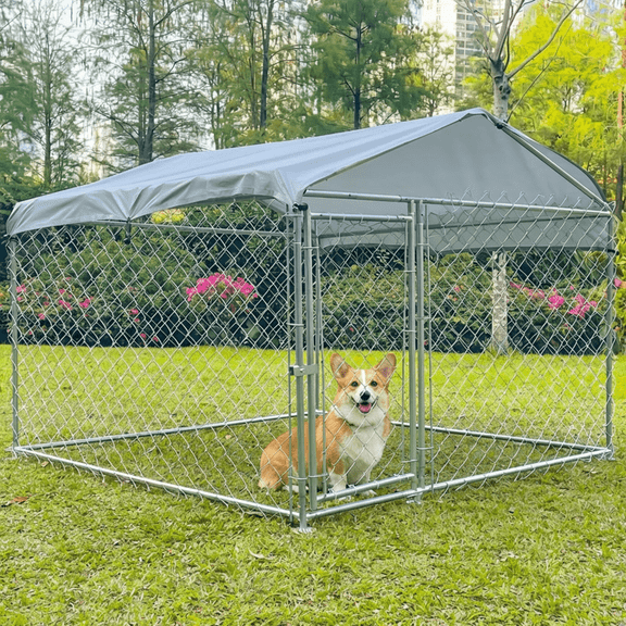 6.5x6.5 Chain Link Dog Kennel, Galvanized Steel Outdoor Playpen with A-Frame Sunshade Cover for Small/Medium Dogs