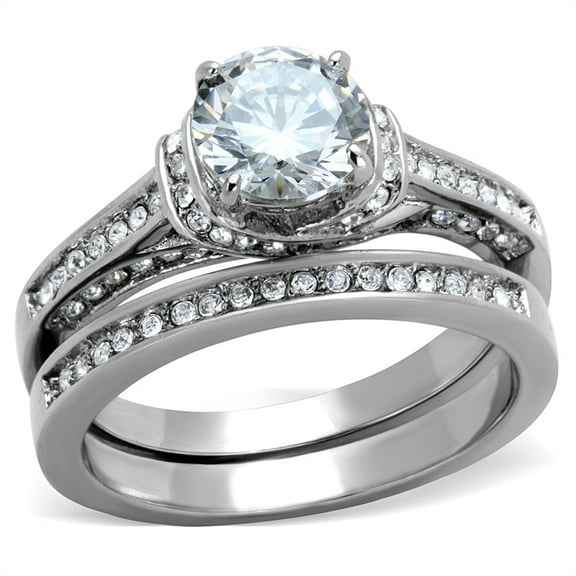 La Ny Jewelry Round Clear CZ Stainless Steel Women's 2-Piece Wedding Ring Set, Size 5