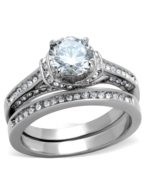 Round Clear CZ Stainless Steel Women's Wedding Rings Set - Size 8