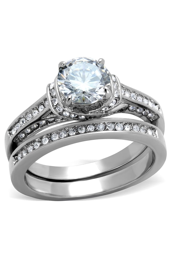 Round Clear CZ Stainless Steel Women's Wedding Rings Set - Size 8