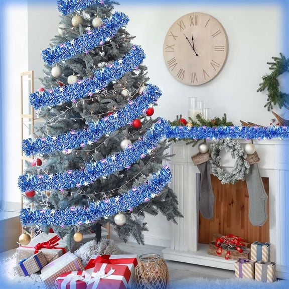 6.6/20/66 FT Blue Snowflake Tinsel Garland, Shiny Metallic Christmas Tinsel Streamer, Winter Wonderland Hanging Decor for Xmas Tree Mantel Staircase New Year Indoor Party Decoration