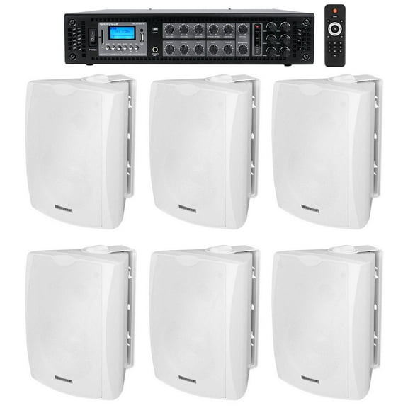(6) 6.5" White Commercial 70v Wall Speakers+Amp For Restaurant/Office/Cafe/Bar