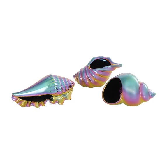 6", 6", 8"W Multi Colored Ceramic Shell Sculpture with Rainbow Shimmer Finish, by DecMode (3 Count)
