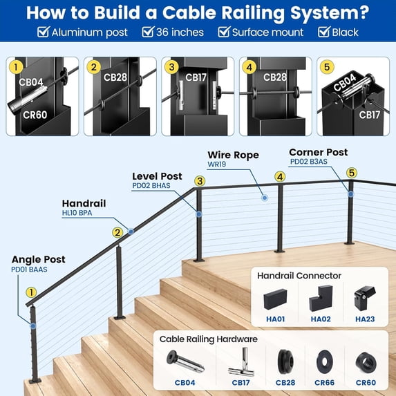 6'6" Aluminum Black Cable Railing Handrail Rectangular Handrail for Cable Railing System Top Rail Deck Stair Indoor Outdoor Length Adjustable with Paper User Guide HL10 BPA
