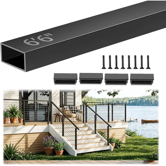 6'6" Aluminum Black Handrail Prefect for Coastal Project, 1 Pack Rectangular Flat Top Hand Rail for Outdoor Deck Stair Seaside Cable Railing System, Cuttable Deck Top Railing With Extra End Cap