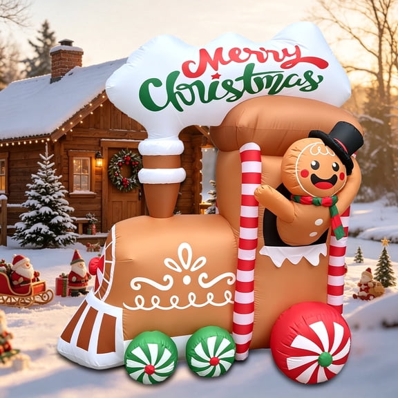6.6FT Christmas Inflatable Gingerbread Train, Cute Blow Up Train with Waving Gingerbread Man, Merry Christmas Sign on Chimney, Lively Xmas Inflatable Decoration for Yard Garden Holiday Party Decor