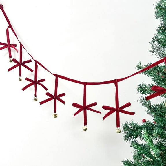 6.6 FT Christmas Velvet Bow Garland, Jingle Bell Burgundy Garland Banner, Reusable Vintage Velvet Bow Decoration for Xmas Tree Home Fireplace Staircase Windows Wall Indoor Outdoor Christmas Decor