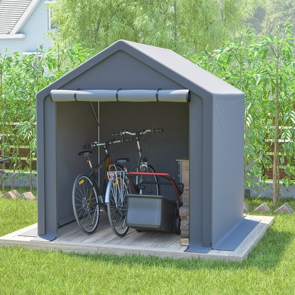 6×6 FT Portable Outdoor Storage Shed, Heavy-Duty Waterproof Shelter with Roll-Up Door & Vents, UV-Resistant Carport for Motorcycle, Bike, Lawn Mower, Tools, Gray