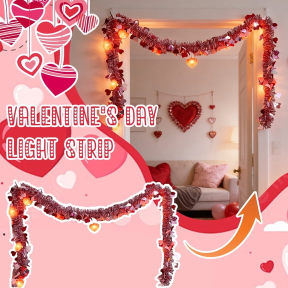 6.6 FT Valentine's Day Heart Ribbon LED Light String - Red Valentines Heart Tinsel Garland,Shiny Metallic Valentines Garland for Romantic Party, Wedding, Tree, Fireplace & Indoor Outdoor Atmosphere,S