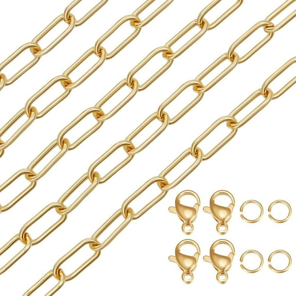 6.6 Feet/2M Real 18K Gold Plated Brass Paperclip Chain Bulk Metal Long Rectangle Pull Extension Connector Link Chains with Lobster Clasps Jump Rings for Jewelry Making Necklace DIY Crafts