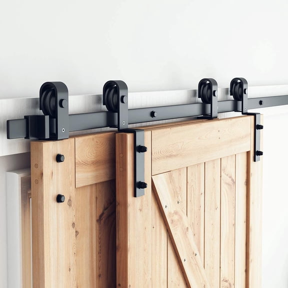 6.6 Feet Bypass Sliding Barn Door Hardware Kit - for Double Wooden Doors-Single Track - Smoothly & Quietly - Easy to Install-Fit 67" Opening
