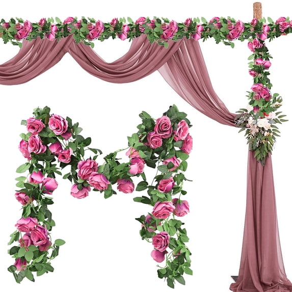 Artificial Flower Garland with Rose, 6.6 Ft Fake Vines Flower Hanging Rose Garland for Wedding Floral Arch Garden Background Engagement Ceremony Reception Decor, Hot Pink
